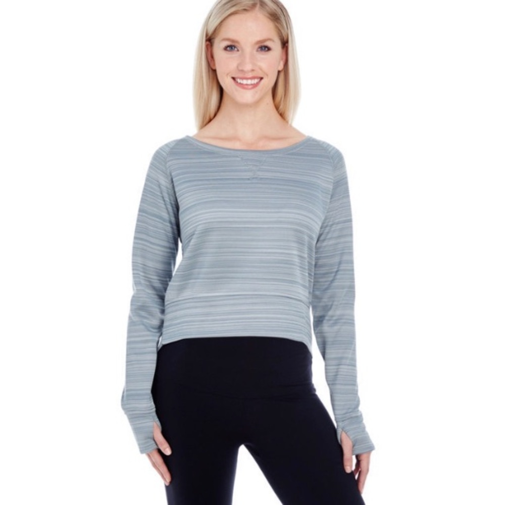 J-America-JA8663-Ladies Odyssey Quarry Striped Poly Fleece Hi-Lo Crew, Size L